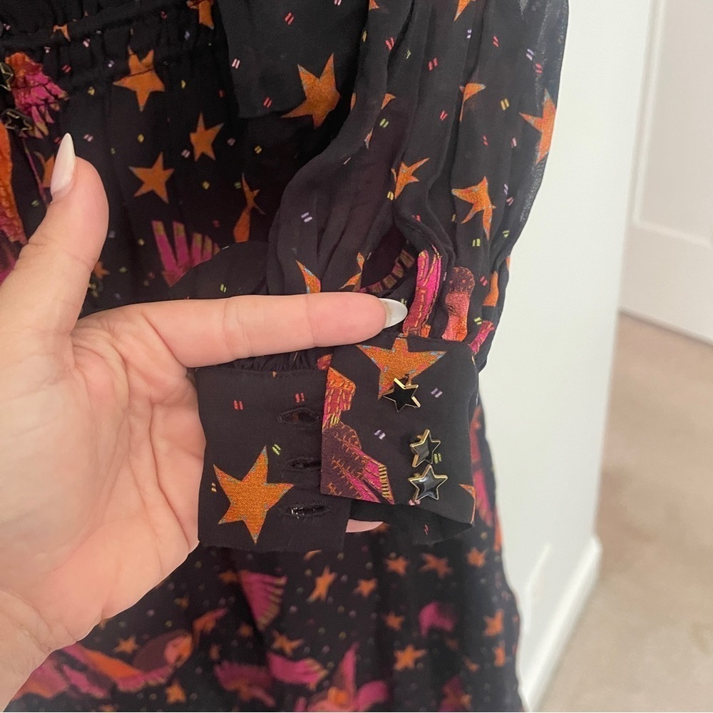 Farm Rio Black Macaws Maxi Dress Star Bird Printed Ruffle V Neck Midi - Picture 4 of 8